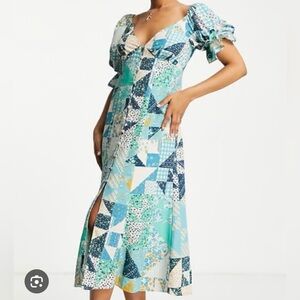 Miss Selfridge Midi Babydoll Dress Size 4 Patchwork Blue Peasant Prairie Puff